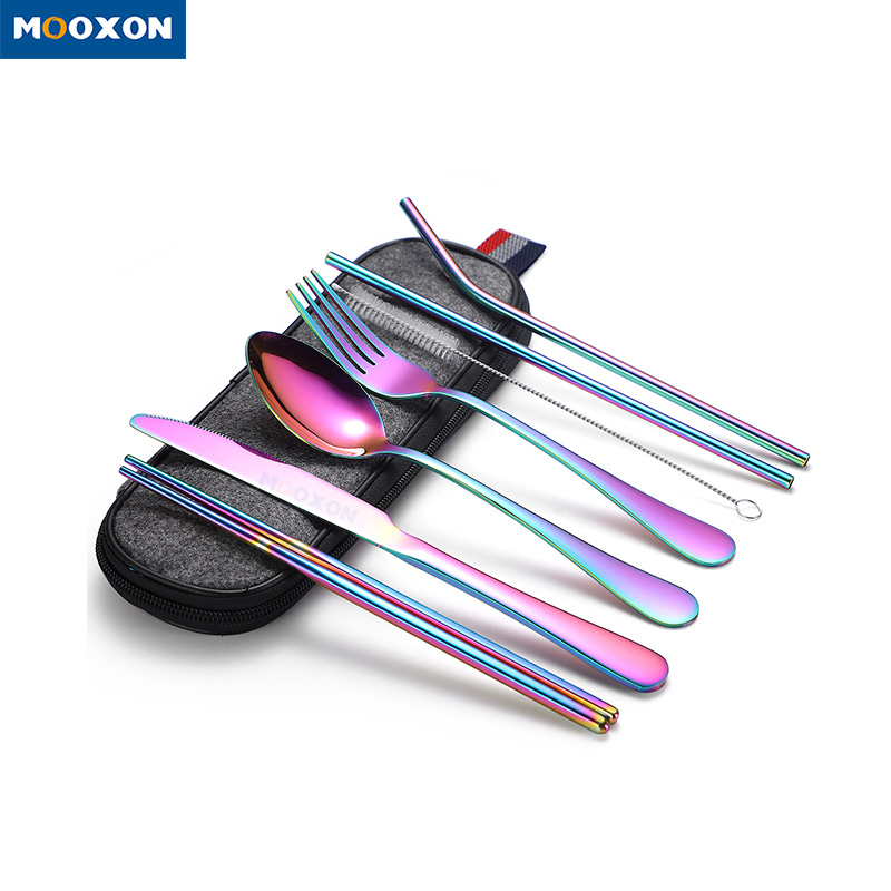 Convenient 7 Pieces Stainless Steel Camping Utensils Forks Spoons Knives Set 