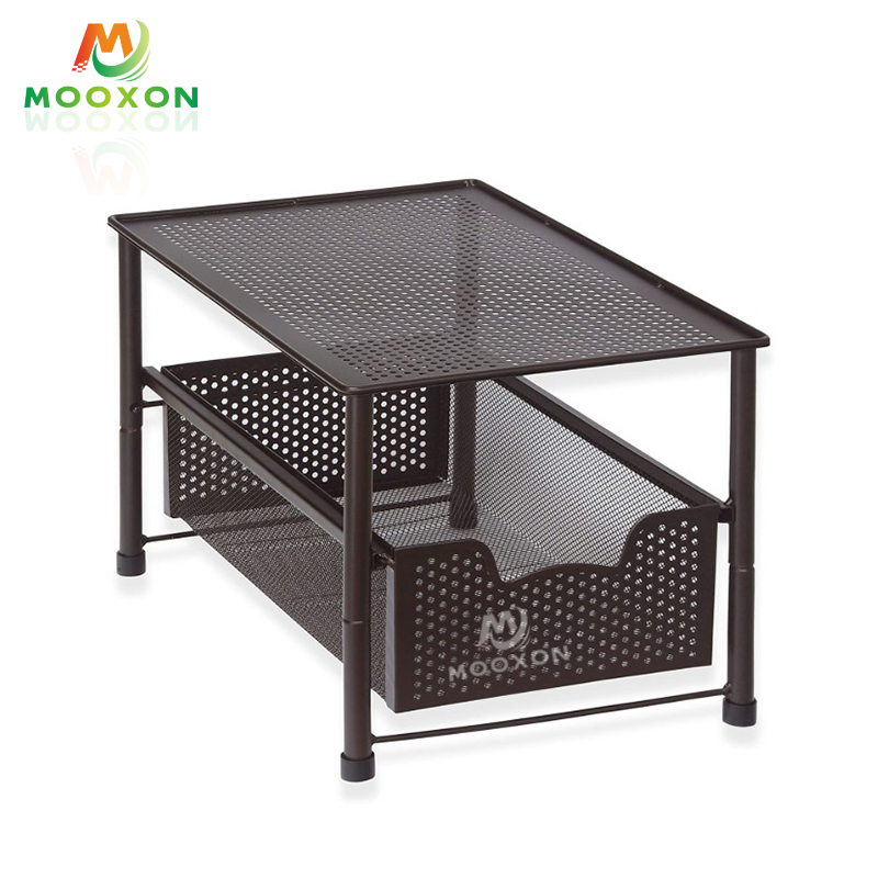 2 Tier Stackable Under Sink Sliding Cabinet Basket Organizer Drawer Metal Storage Racks 