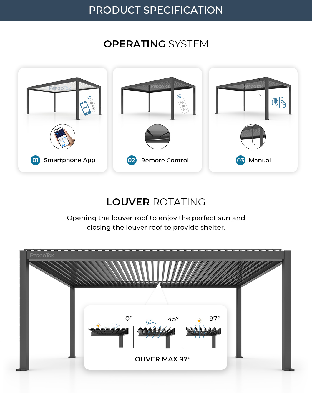 PergoTok Modern Custom Sunroom Louvered Roof Motorized Pergola