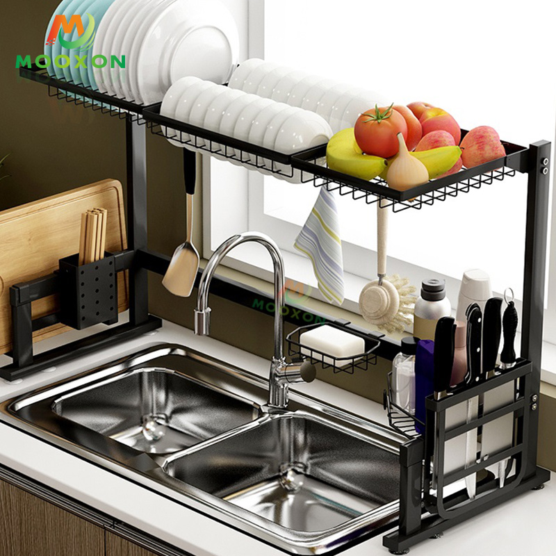 2020 Stainless Steel 2 Tier 85cm Dish Rack Over Sink Shelf Bowl Organizer Cutlery Holder 