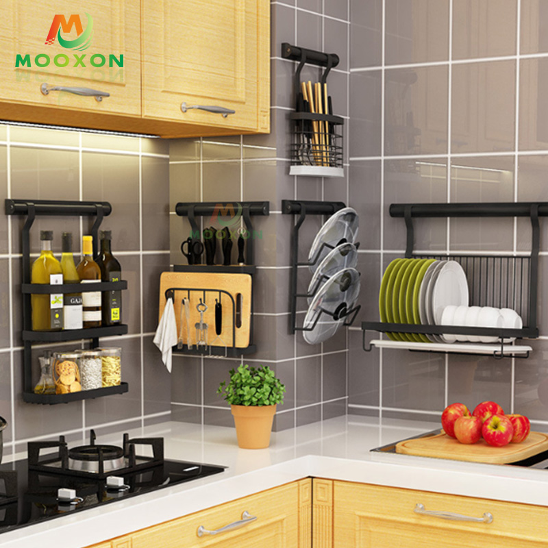 Wall Mount Pot Bar Kitchen Storage Rack Hanging Dish Drainer Knife Chopstick Holder Spice Organizer 