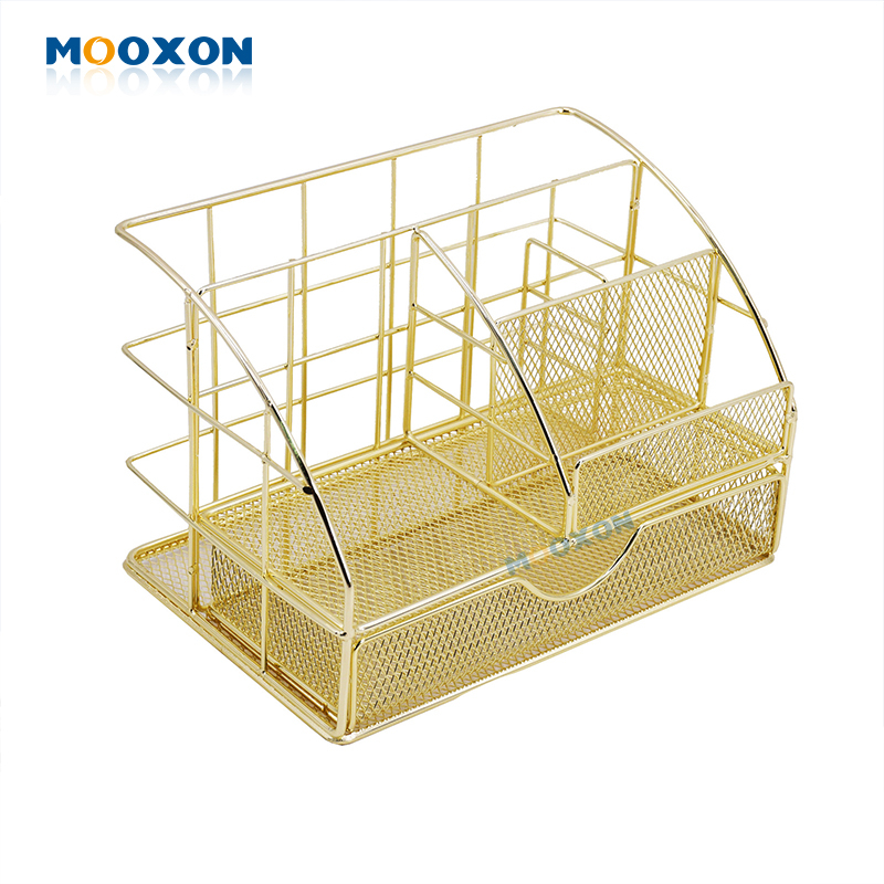 Free-installation Rose Gold Desktop Wire Pencil Wire Basket Locker Metal Mesh Holder Rack