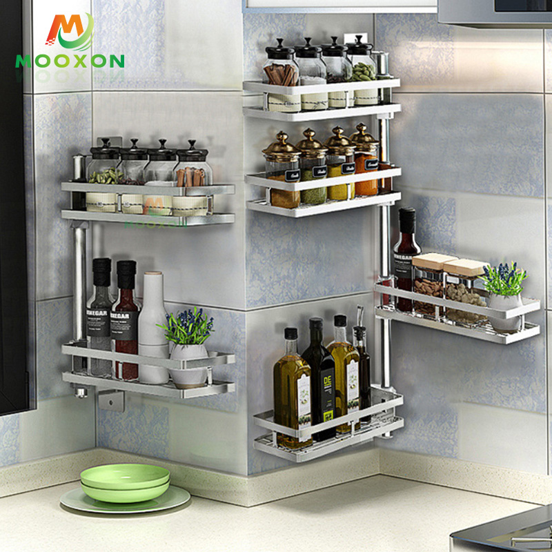 3 Tiers Adjustable Kitchen Storage Shelf Stainless Steel Rotating Spice Rack 