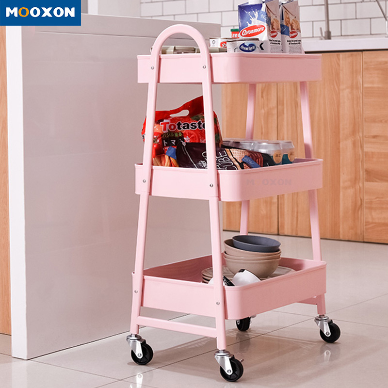Home Bedroom 3 Tier Hand Metal Storage Moving Mesh Trolley Holder 