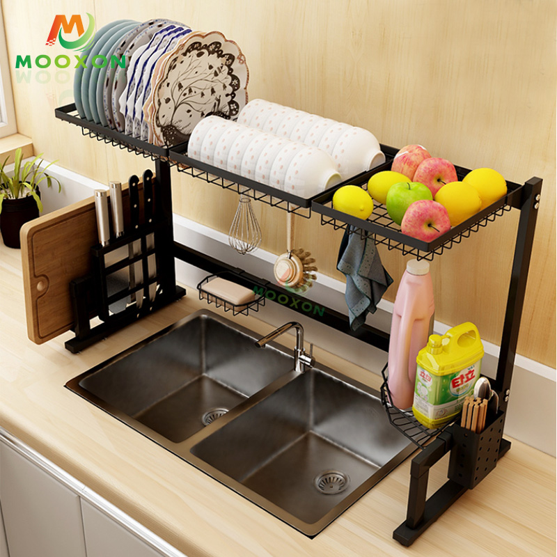 2020 Stainless Steel 2 Tier 85cm Dish Rack Over Sink Shelf Bowl Organizer Cutlery Holder 