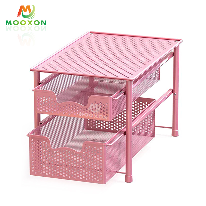 2 Tier Stackable Under Sink Sliding Cabinet Basket Organizer Drawer Metal Storage Racks 