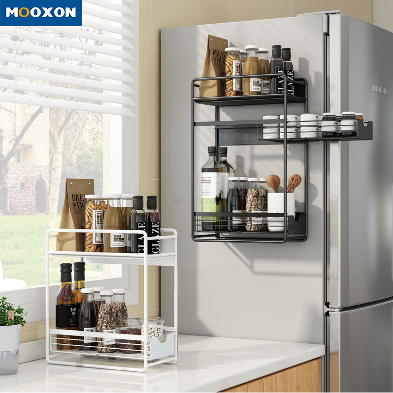  Magnetic Fridge Organizer Spice Rack with Paper Towel Holder and 5 Extra Hooks 